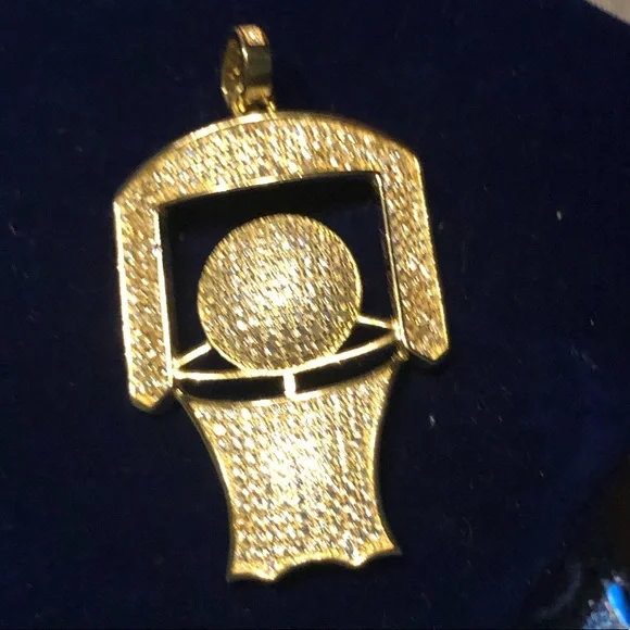 Unisex 925 Sterling Silver Topaz Encrusted Gold Plated Basketball Goal Pendant - Picture 6 of 9